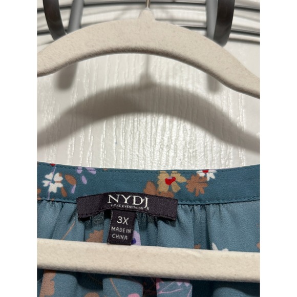 NYDJ Womens Plus Size 3X Teal Floral V-Neck 3/4 Sleeve Tunic Blouse‎ cottagecore - Picture 4 of 16